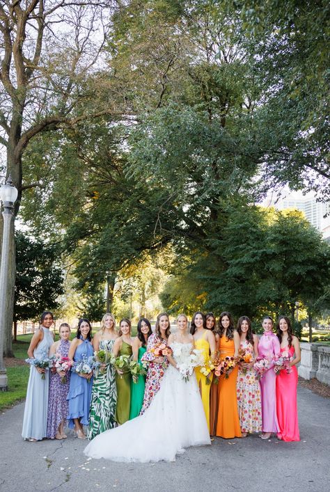 Bridemaids Dresses Rainbow, Eccentric Bridesmaid Dresses, Bridesmaids Different Dresses Mix Match, Fun Bridesmaid Dresses Color Schemes, Bridal Party Different Dresses, 6 Bridesmaids Different Dresses, Non Matching Bridal Party, Bold Color Bridesmaid Dresses, Multi Colored Wedding Party