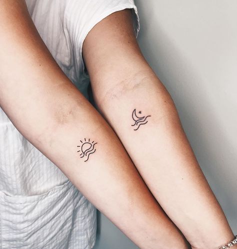 These matching tattoo ideas are great for couples, friends, and family members. From quotes to symbols, numbers, and more. Check them out here! Small Friendship Tattoos, Couple Tattoos Unique Meaningful, Cousin Tattoos, Small Wave Tattoo, Matching Friend Tattoos, Small Matching Tattoos, Tato Henna, Couple Tattoos Unique, Female Tattoos