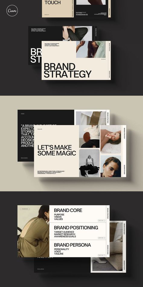 Canva Brand Strategy Framework Templates Research Framework Design, Brand Strategy Presentation Design, Branding Package Template, Branding Project Presentation, Branding Identity Presentation, Brand Book Design Layout, Branding Strategy Templates, Branding Presentation Template, Best Canva Presentation Templates