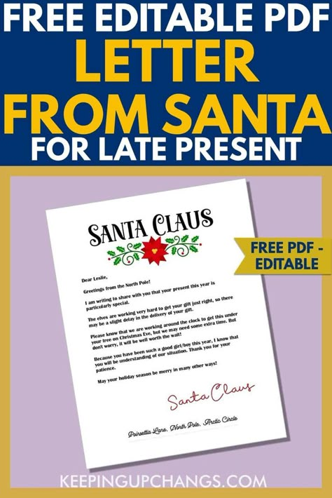 Free LETTER FROM SANTA for late gift or present pdf printable to print. Easy, simple, editable downloadable stationery templates. Apology letter asking for understanding, patience, grace on minimal poinsettia background. Free Letters From Santa, Apology Letter, Santa Letter Printable, Letter From Santa, Party Food Recipes, Elf On A Shelf Ideas, Gifts Wrapping, Letter Gifts, Holiday Mood