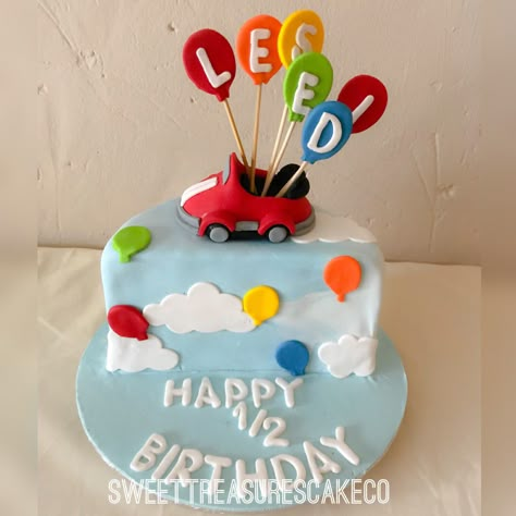 Cumpleaños Cars Birthday Party Cake, Balloons Clouds, Half Cake, Happy Half Birthday, Half Birthday Baby, Half Birthday Party, Half Birthday Cakes, 12th Birthday Cake, Baby Boy Birthday Cake