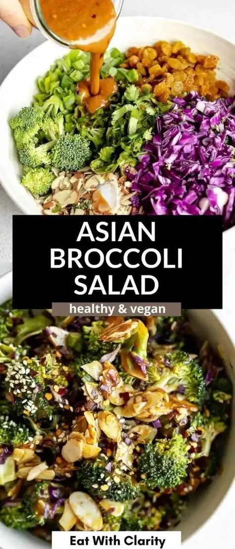 This healthy vegan broccoli salad is fresh, crispy and so easy to make. With an Asian inspired almond butter and orange ginger dressing, this broccoli salad is a healthy take on the classic. it's the perfect side dish for summer barbecues and is vegan, gluten free. Vegan Broccoli Salad, Asian Broccoli, Healthy Broccoli Salad, Fit Mitten Kitchen, Vegan Broccoli, Healthy Broccoli, Raw Broccoli, Broccoli Salad Recipe, Vegan Salad Recipes