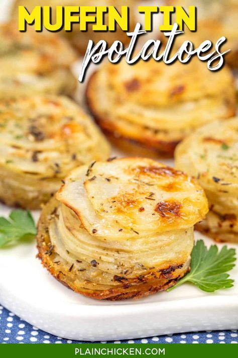 Potato Side Dishes Make Ahead, Potatoes Cooked In Muffin Tin, Dinner Recipes Make Ahead, Make Ahead Potato Side Dishes, Sliced Potatoes In Muffin Tin, Make Ahead Potato Recipes, Make Ahead Potatoes, Potato Stacks Muffin Tins, Muffin Tin Potatoes