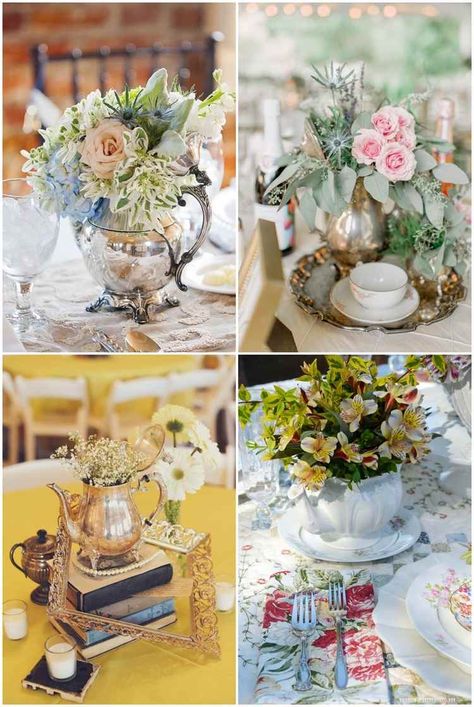 Tea Party Floral Centerpieces, High Tea Centre Pieces Table Settings, Tea Time Centerpieces, Floral Arrangements In Teapots, Tea Set Centerpiece, Bridal Shower Tea Party Centerpieces, Teapot Centerpiece Ideas, Teapot Table Centerpieces, Ladies Tea Centerpieces