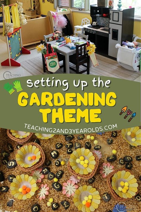 This week our toddler and preschool classroom is set up for the gardening theme. We will have lots of hands-on, playful learning activities that relate to nature and gardening, including a flower market! Free printable market signs! #preschool #toddler #flowers #flowermarket #dramaticplay #classroom #spring #play #teachers #printable #AGE2 #AGE3 #AGE4 #teaching2and3yearolds Garden Preschool Activities, Preschool Gardening, Garden Preschool, Cognitive Development Activities, Garden Theme Classroom, Garden Activity, Creative Curriculum Preschool, Preschool Theme Activities, Daycare Themes