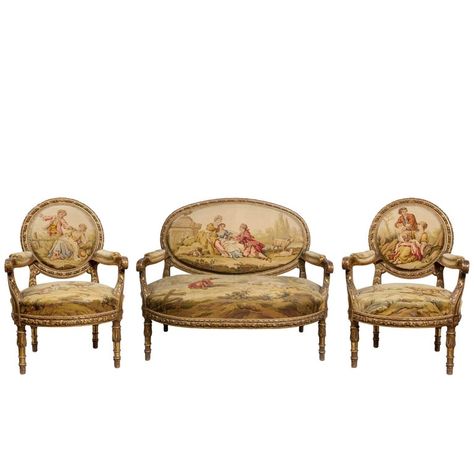 19th Century French Aubusson Carved Giltwood Salon Suite with Settee and Chairs Aubusson Salon, Aubusson Tapestry, Louis Xvi Furniture, Modern Living Room Set, Victorian Living Room, French Arm Chair, French Louis Xvi Style, Settee Sofa, Period Furniture