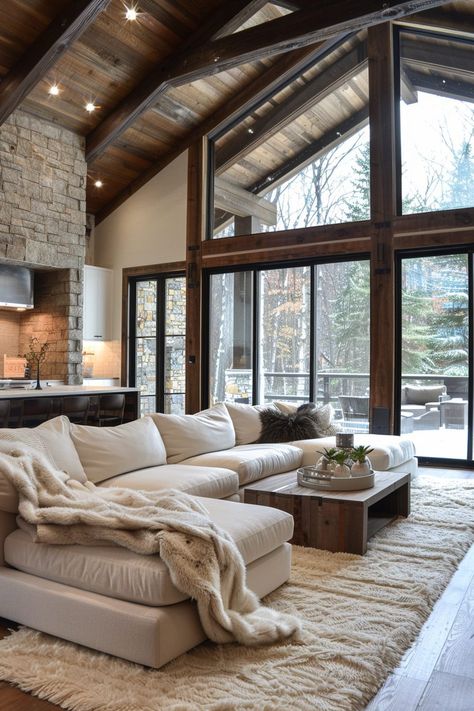 29 Rustic Home Design Ideas to Bring Cozy Charm to Your Space 1 Rustic Modern House Interior, House Interior Rustic Modern, Wood Aesthetic House, Living Room Designs Windows, Rustic Modern Furniture, Farm Home Aesthetic, Old Modern House Interior Design, Modern Rustic House Interior, Modern Cottage Interior Living Room