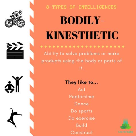 The bodily-kinesthetic intelligence is the ability to solve problems or create products using the body or parts. It is the intelligence of strength, endurance, flexibility, balance, dexterity, movement, expression, and body language. Click on the pin to learn more! #multipleintelligence #act #pantomime #dance #sport #mental #exercise #build #construction #play #handwork #acting #movement #emotions Kinesics Communication, Bodily Kinesthetic Intelligence, Intelligence Support Activity, Multiple Intelligences Activities, Gardner Multiple Intelligences, Theory Of Multiple Intelligences, What Is Intelligence, Differentiated Instruction Strategies, Differentiation Strategies