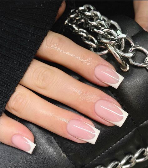 Natural nails V French Tip Nails Square Short, Medium French Tip Nails Square, Square Deep French Nails, French Tip With Jewels Nails, Square Shape French Tip Nails, Trendy French Manicure Square, Mid Length French Tip Nails, Small Square French Tip Nails, Short Square White French Tip Nails