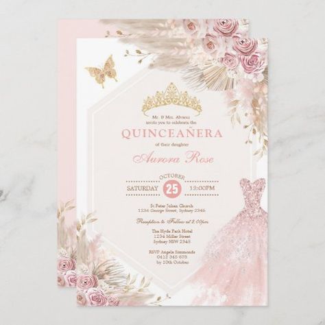 Sparkly Ball Gown, Quince Planning, Quinceanera Tiaras, Pink Quinceanera, Aurora Rose, Quinceañera Invitations, Quince Invitations, Boho Princess, Princess Birthday Invitations