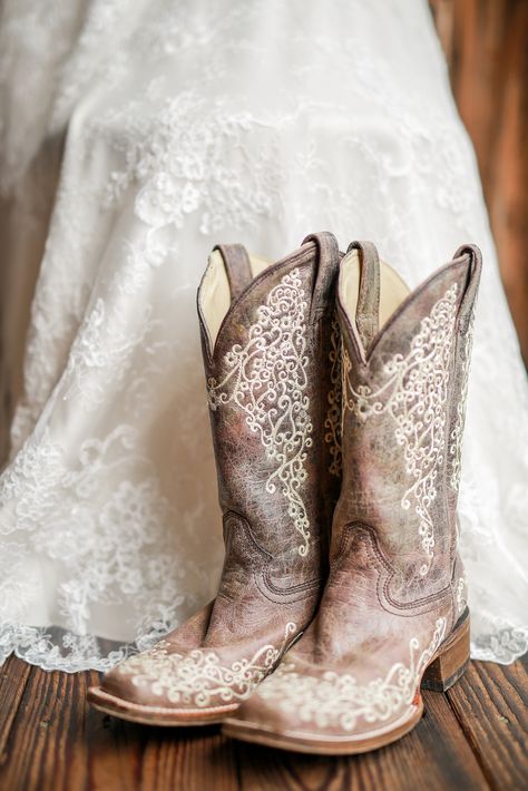 Boots For Wedding Brides, Western Wedding Boots For Bride, Wedding Boots Bride, Bride With Boots, Groom Boots, Mid Length Wedding Dresses, Cowboy Boot Wedding, Dress With Western Boots, Western Wedding Boots