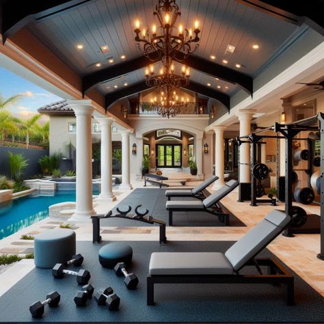 Experience the best of both worlds with a home gym and outdoor pool. Design your fitness paradise today. #GymDesign #FitnessGoals #HomeGym #Gym #PoolDesign Outdoor Pool Design, Home Gym Design Luxury, Village Garden, Weight Rack, Gym Interior, Dumbbell Rack, Pool Outdoor, Unique Workouts, Home Gym Design