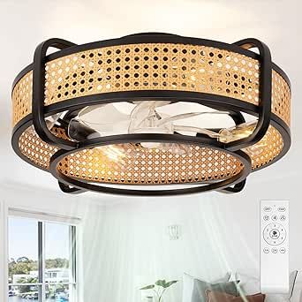 Frstem Boho Vintage Rattan Fandelier, 20" Flush Mount Rattan Shade & Black Caged Ceiling Fan with Lights & Remote Control Kit, Bladeless/Low Profile/6-speed/Quiet Motor for Living Room Bedroom Kitchen Drum Shade Chandelier, Caged Ceiling Fan, Ceiling Fan With Lights, Chandelier Fan, Rattan Shades, Ceiling Fan In Kitchen, Dc Motor, Game Room Furniture, Fan Light