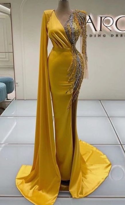 Long Sleeve Prom Dress Mermaid, Glitter Prom Dresses, Gold Evening Dresses, Beaded Evening Gowns, Prom Dresses Yellow, Gown Plus Size, Long Sleeve Prom, Evening Dresses With Sleeves, Satin Prom Dress