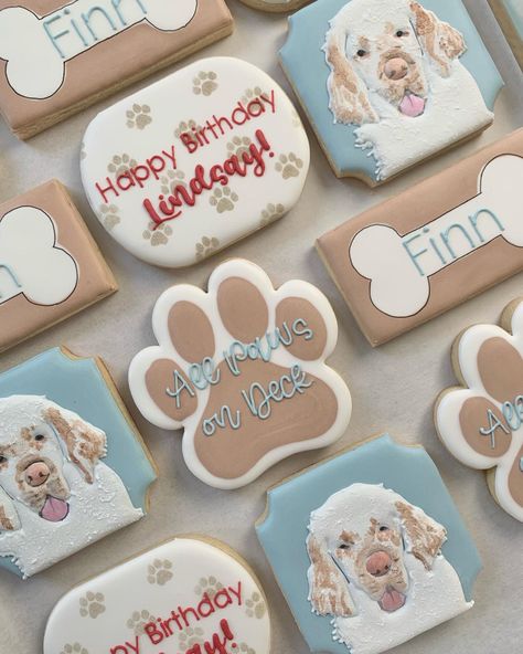 Dog Birthday Cookies, Portrait Cookies, Paw Print Cookies, Dog Cookies, Fancy Cookies, Cookies Decorated, Cookie Art, Birthday Cookies, Royal Icing Cookies