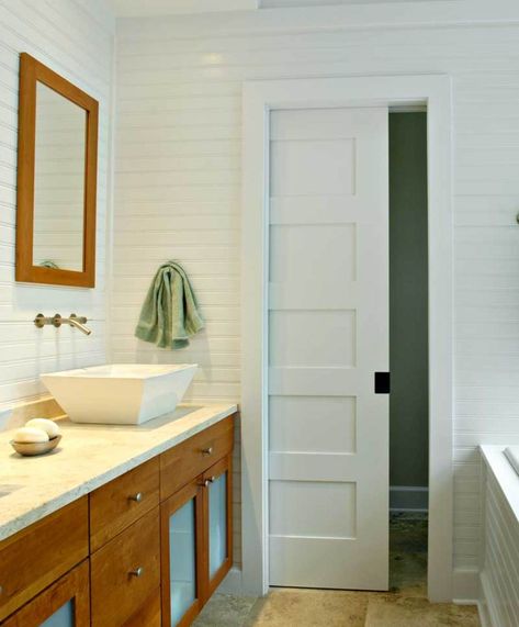 Pocket Door Bathroom, Horizontal Beadboard, Pocket Doors Bathroom, Beadboard Bathroom, Beach Style Bathroom, Craftsman Bathroom, Sliding Pocket Doors, Eclectic Bathroom, Pocket Door