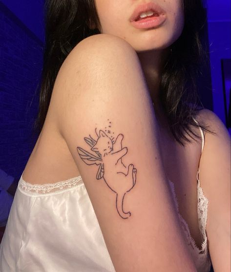 Fairy Cat Tattoo Drawing, Fairy Cats Tattoo, Animals With Fairy Wings Tattoo, Cat Tattoo Angel Wings, Cat Angel Wings Tattoo, Dog With Fairy Wings Tattoo, Cat With Butterfly Wings Tattoo, Angel Kitty Tattoo, Angel Kitten Tattoo