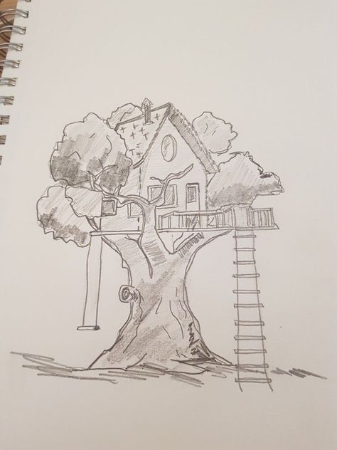 Treehouse Drawing Simple, Treehouse Tattoo, Treehouse Drawing, Tree House Drawing, Forest Sketch, Blending Colored Pencils, Arte Aesthetic, School Book Covers, Trippy Drawings