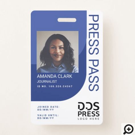 Modern and trendy photo press pass badge. Our design features a modern and trendy royal blue curved design. Customize with photo, name, logo, expiry and valid date as well as optional employee id #. The reverse side features a trendy tri-color curved design (Colors can be changed to suit your brand). Credentials Design, Name Tag Design Ideas, Badge Design Ideas, Id Badge Design, Name Badge Design, Event Badge Design, Identity Card Design, Employee Id Card, Pass Photo