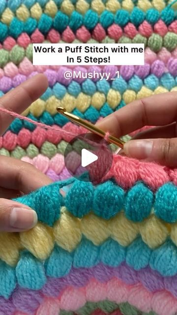 Mushyy on Instagram: "Crochet Puff Stitch in 5 Steps!  Learn how to create beautiful texture with the puff stitch in this easy-to-follow crochet tutorial! Perfect for beginners and seasoned crocheters alike.  You can work a puff stitch with any yarn of ur choice. Repeat Step 1 through Step 3 , four more times if you are using a medium weight yarn. For Bulky weight yarn repeat Step 1 through Step 3, three more times to make a puff stitch.  In this video I am working a Puff Stitch with a light weight Acrylic yarn .I repeated Step 1 through Step 3 , nine more times 😊  Follow me on Youtube for mors such videos. Youtube channel link in bio.  Visit my Etsy Shop (MushyyStore) to get written patterns. Link in bio.  Follow me here on Instagram - @mushyy_1   #CrochetTutorial #CrochetTips #CrochetDI How To Make A Crochet Puff Stitch, Crochet Puff Stitch Pattern, Easy Beginner Crochet Sweater, Puff Blanket Crochet, Puffy Stitch Crochet, How To Puff Stitch Crochet, Puff Stitches Crochet, Puff Stitch Crochet Blanket Free Pattern, How To Learn Crochet Step By Step