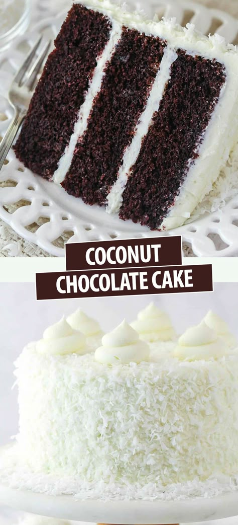 This chocolate coconut cake is made up of three layers of moist, decadent chocolate cake. The layers are filled and frosted with fluffy coconut buttercream and covered with sweetened shredded coconut. You won’t be able to stop at one slice! Chocolate Cake Coconut, Chocolate And Coconut Cake, Dark Chocolate Coconut Cake, Slice Cakes Ideas, Coconut Chocolate Cake Recipe, Chocolate Cake With Coconut, Coconut Cake Filling, Chocolate Coconut Cake, Chocolate Coconut Cupcakes