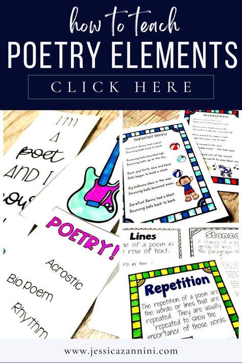 Students will fall in love with reading and writing poetry after learning these key elements of poetry. With student guides, detailed lesson plans, and posters - you will have everything you need to teach a fun and engaging poetry unit. Elements Of Poetry, Poetry Elements, Poetry Lesson Plans, Poetry Templates, Poetry Lesson, Fall In Love With Reading, Found Poetry, Poetry Activities, Poetry Unit