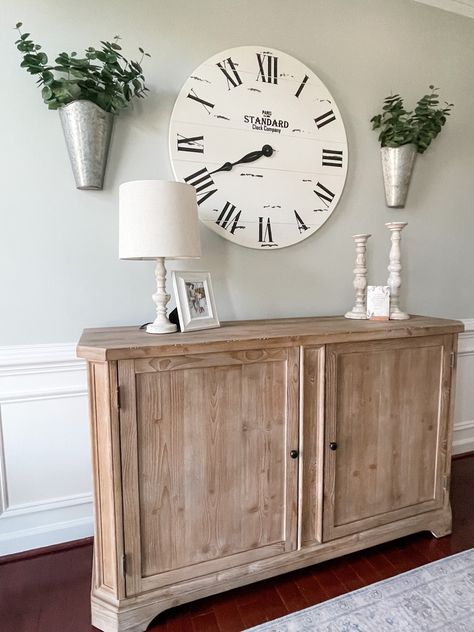 Dining Room Buffet With Sconces, Clock In Dining Room Wall, Clock Dining Room Wall, Large Clock Wall Decor Dining Room, Above Kitchen Table Wall Decor, Dining Room Clock Wall Decor, Empty Wall Ideas Dining Room, Large Dining Room Wall Decor Ideas, Large Wall Clock Decor Ideas