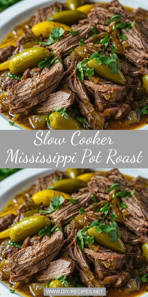 Enjoy a delicious slow cooker Mississippi pot roast! This recipe is packed with flavor from ranch, au jus, and pepperoncini, making it a family favorite. Missippi Mud Roast, Louisiana Pot Roast Slow Cooker, Pot Roast Crock Pot Recipes Mississippi, Missouri Pot Roast, Whole 30 Mississippi Pot Roast, Mississippi Pot Roast In Dutch Oven, Mississippi Pot Roast Crockpot Recipes, Pot Roast With Pepperoncini, Missippi Pot Roast