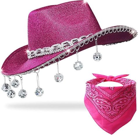 Amazon.com: JIANGLAI Pink Disco Cowgirl Hat with Bandana,Glitter Rhinestone Disco Ball Cowboy Hat for Costume Accessories Women Men Cosplay Party (Hot Pink) : Clothing, Shoes & Jewelry Disco Ball Cowboy Hat, Disco Cowgirl Hat, Pink Disco Cowgirl, Halloween Club, Men Cosplay, Pink Disco, Disco Cowgirl, Pink Clothing, Cowgirl Hat