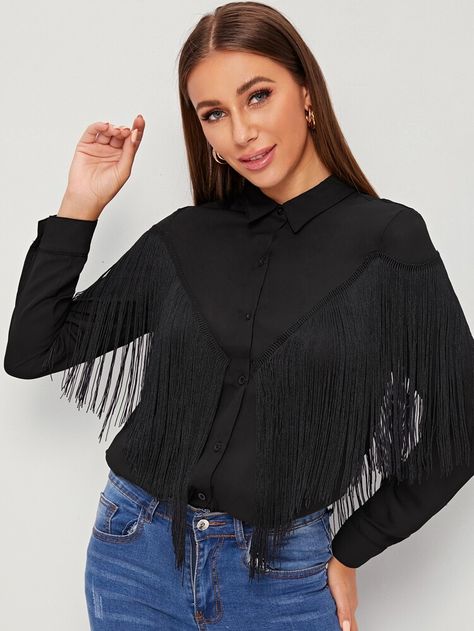 Solid Fringe Trim Shirt | SHEIN USA Looks Country, Bohemian Tops, Classy Fashion, Black Fringe, Blouse Shirt, Fringe Trim, Casual Blouse, Boho Tops, White Long Sleeve