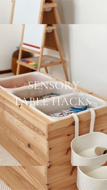 Mabel’s Playroom on Instagram: "The @ikea Flisat play table can be a pain to get hold of, so why not try these sensory play table hacks! If you have a trofast storage unit at home, this is one of our favourite hacks ever, simply flip it on its side and 3 trofast tubs slot in perfectly right beside each other making  this a fantastic height for preschoolers and older children to enjoy sensory play at.  Alternatively the wooden crates called ‘knagglig’ also fit the trofast tubs, they are just £13 and also make a great smaller sensory table for infants and toddlers 👏  Let us know if you give these hacks a go!  #momhacks #ikeahack #ikeahacks #montessori #sensoryplay #flisat #flisattable #flisattableplay #sensoryplay #sensory #sensorybin #sensoryactivity" Ikea Trofast Sensory Table, Ikea Trofast Sensory Play, Ikea Sensory Table Hack, Trofast Sensory Table, Sensory Storage, Flisat Table Hack, Knagglig Hack, Sensory Play Table, Ikea Montessori