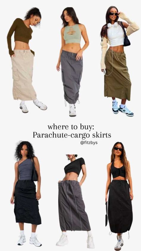 Cargo Long Skirts Outfit, Summer Fashionable Outfits, Khaki Parachute Skirt Outfit, Maxi Khaki Skirt, Outfits With Long Cargo Skirt, Long Baggy Skirt Outfit, Parachute Maxi Skirt Outfit, Parachute Cargo Skirt Outfit, Long Skirt Cargo