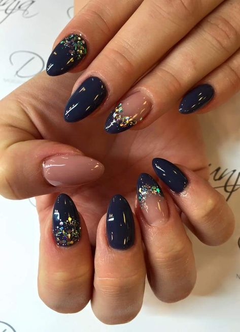 Navy Blue And Gold Marble Nails, Navy Nails With Gold Accent, Navy Blue And Black French Tip Nails, Blue Gold Glitter Nails, Trendy Nails Navy Blue, Navy Inspired Nails, Formal Nails Navy Blue, Navy And Gold Almond Nails, Nails For Midnight Blue Dress