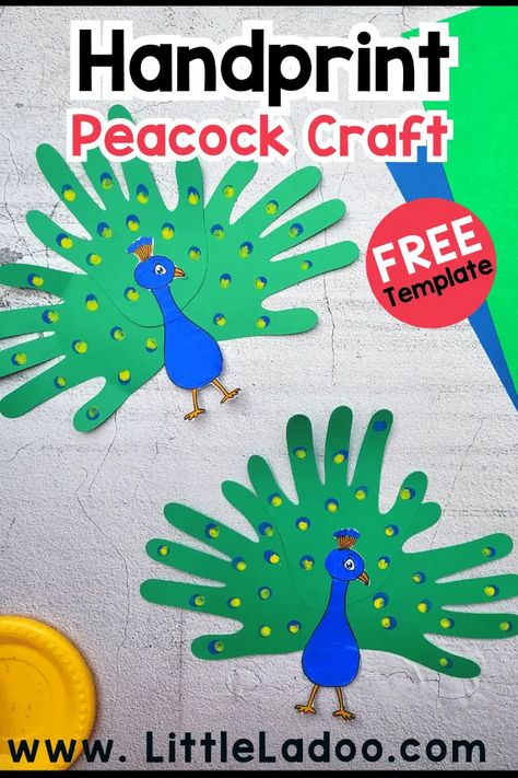 Peacock Handprint Craft, Peacock Handprint Art, Peacock Craft Preschool, Peacock Crafts For Kids, Handprint Peacock, Peacock Template, Hummingbird Craft, Letter D Crafts, Peacock Crafts