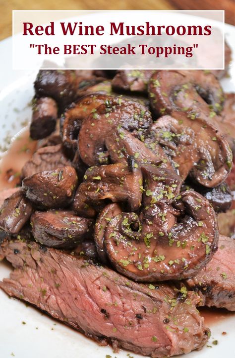 Sautéed Baby Bella Mushrooms are the perfect mushrooms for steak. They are cooked in a red wine sauce and are an easy side dish for mushroom and steak lovers. #mushroomsforsteak #redwinemushrooms @sauteedbabybellamushrooms Steak With Sauteed Mushrooms, Balsamic Steak And Mushrooms, Steak With Red Wine Mushroom Sauce, Sauteed Mushrooms With Red Wine, Mushrooms In Red Wine Sauce, Saute Mushrooms For Steak, Marinated Mushrooms For Steak, Best Mushrooms For Steak, Steak Dianne Recipes