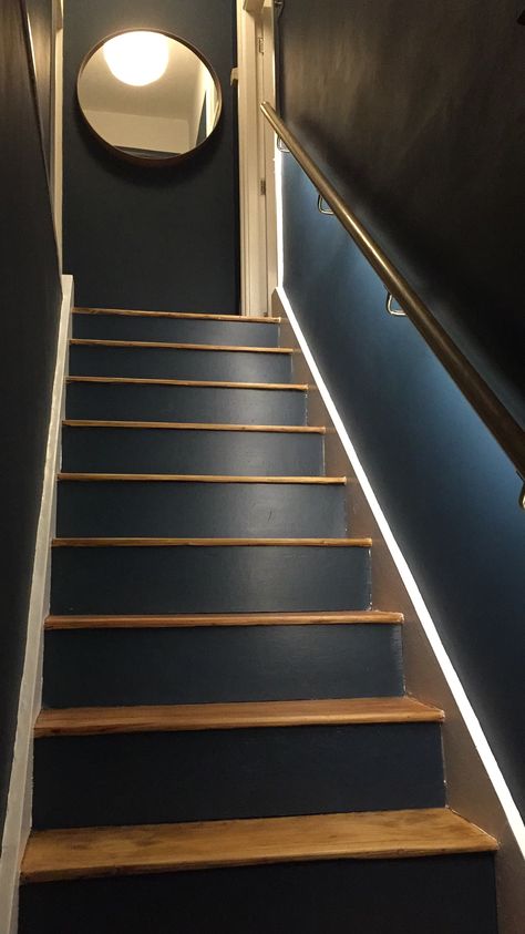 Stairway Bannister light veridian blue walls and risers Dark Blue Staircase, Teal Staircase, Stairway Paint Ideas, Blue Hallway Ideas, Blue Stairs, Hallway Wall Colors, Enclosed Staircase, Dark Staircase, House Upstairs