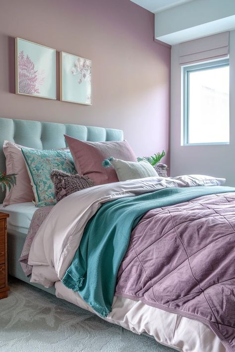 Teal And Lilac Bedroom, Teal Color Palette Bedroom, Girls Bunk Room, Teal Girls Room, Teal Bedroom Designs, Pink And Teal Bedroom, Teal Bedroom Walls, Mauve And Teal, Teal Bedroom Ideas