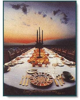 This is a print or poster from 1967 titled 'The Feast' by Bud Meyer.  Wish I could buy a copy somewhere... Parable Of The Wedding Feast, Jesus Wedding, Feasts Of The Lord, Wedding Feast, Olive Press, Bible Illustrations, Bride Of Christ, Billy Graham, Kingdom Of Heaven