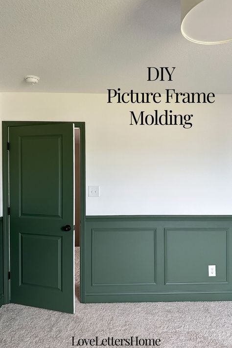 DIY Picture Frame Molding Painted Picture Frame Molding, Picture Frame Molding Paint Ideas, Picture Molding In Hallway, Double Picture Frame Molding, Peel And Stick Picture Frame Molding, Picture Frame Moulding Hallway, Green Picture Frame Molding, How To Picture Frame Molding, Picture Frame Molding Half Wall