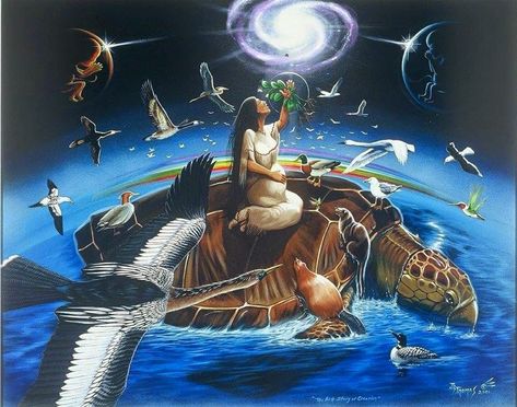 Such reverance is reflected in many Native American origin stories, such as the tale of the Sky Woman. After falling from the sky, she is saved by animals (nature) and her children go on to create the rest of the world. Sky Woman, Creation Myth, Creation Story, A Turtle, Indigenous Art, Native Art, Native American Art, First Nations, Mother Earth