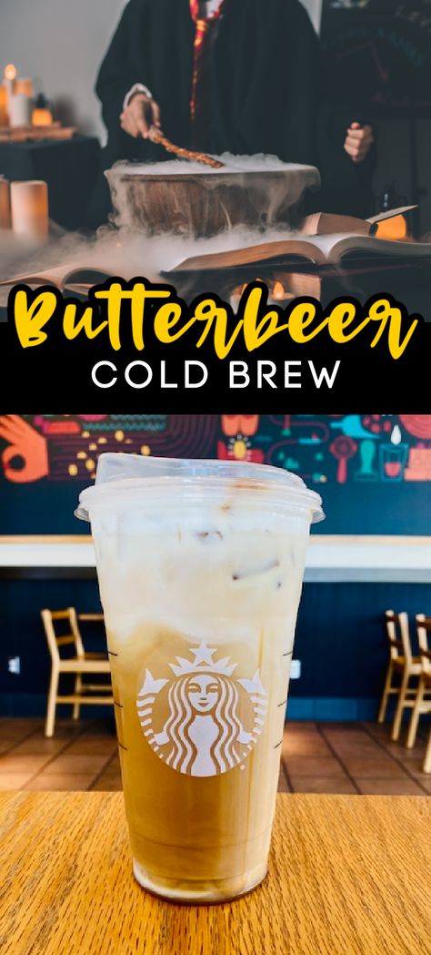 Iced Butterbeer Coffee, Butter Beer Coffee, Starbucks Cold Brew Secret Recipes, Butterbeer Coffee Recipe, Cold Brew Recipes Drinks Starbucks, Butterbeer Frappuccino Starbucks, Butter Beer Starbucks Drink, Butterbeer Starbucks Recipe, Starbucks Cold Brew Drinks To Order