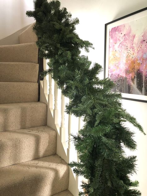 Enchanted Living Room, Festive Staircase, Christmas Bannister Ideas, Stairway Decorating Christmas, Christmas Bannister, Christmas Staircase Garland, Bannister Garland, Bannister Ideas, Garland For Staircase