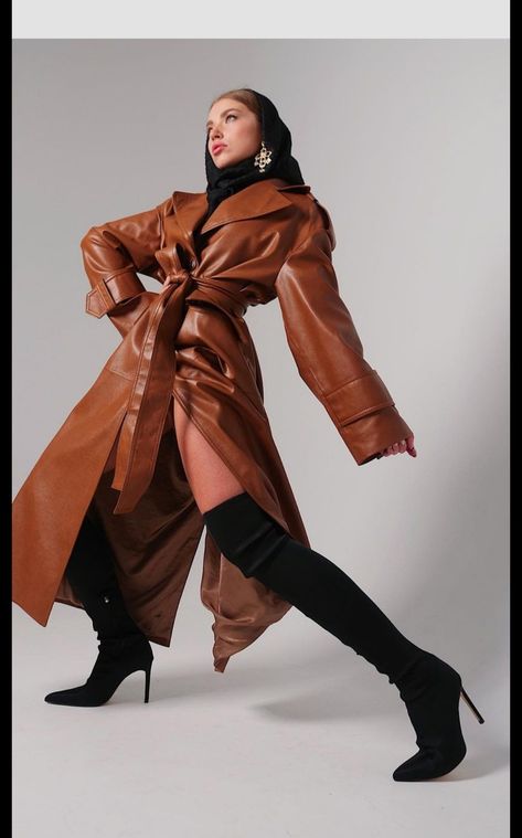 Trench Coat Photoshoot, Leather Photoshoot, Coat Photoshoot, Brown Thigh High Boots, Street Fashion Photoshoot, Red Leather Coat, Fashion Promotion, Celebrity Style Icons, Fashion Model Photography