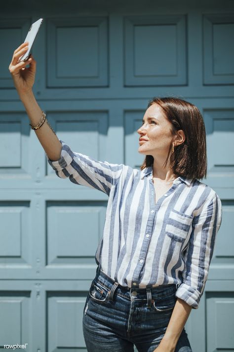 Woman taking a selfie by a blue door | premium image by rawpixel.com / McKinsey Selfie Phone, Travel Selfie, Women With Freckles, Taking Selfie, Taking A Selfie, Indian People, Image Model, Taking Selfies, Blue City