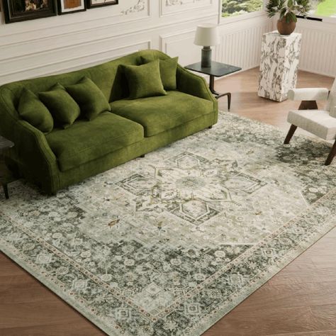 9×12 Machine Washable Rug for Living Room, Boho Vintage 9×12 Area Rug，Distressed Accent Low Pile Ultra Soft Large Carpet for Bedroom Bathroom Dining Room, Floral/Green -  #Accent #Area #Bathroom #Bedroom #Boho #Carpet #Dining #FloralGreen #Large #Living #Machine #Pile #Room #Rug #RugDistressed #Soft #Ultra #vintage #Washable Accent Green Rug, Earthy Rugs Living Rooms, Rugs For Green Walls, Green Rug Living Room Ideas, Rug For Bedroom Ideas, Rug For Green Couch, Apartment Living Room Rug, Organic Modern Rugs, Layered Rugs Bedroom