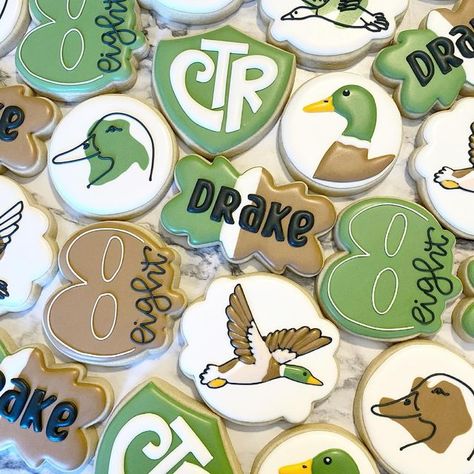 Mallard Duck Cookies Decorated, One Lucky Duck Birthday Party Cookies, Duck Hunting Cookies Decorated, Mallard Duck Baby Shower Cookies, Mallard Duck 1st Birthday, Duck Hunting Cookies, Mallard Duck Cookies, Duck Hunting Theme Baby Shower Ideas, One Lucky Duck Cookies