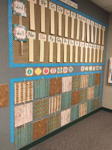 Word wall & Author's Wall in Shabby Chic Shabby Chic Classroom Decor, Rustic Classroom Decor, Burlap Classroom, Shabby Chic Classroom, Classroom Wall Decor, Classroom Makeover, Classroom Layout, Classroom Organisation, Classroom Decor Themes