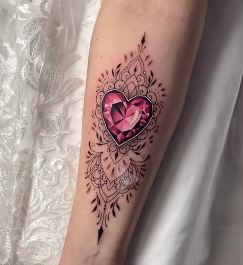 Jewel Tattoo Stencil, Gem Heart Tattoo, Gemstone Tattoo Realistic, Jewel Tattoo Gem, Filigree Tattoos, Diamond Heart Tattoo, Ruby Tattoo, Gemini Tattoos, Jewelry Tattoo Designs