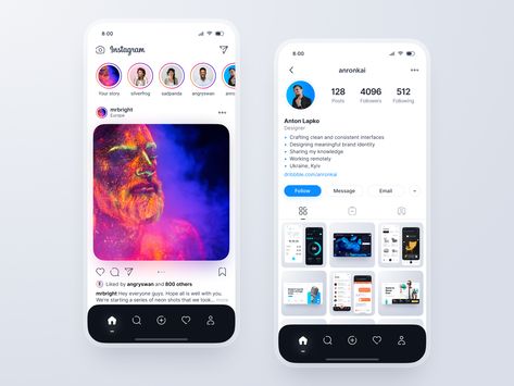 Instagram Redesign Concept by Anton Lapko on Dribbble App Design Ideas, Instagram Redesign, Mobile Application Ui, Application Ui Design, Social App Design, Unique Website Design, Digital Media Design, Mobile App Design Inspiration, App Interface Design