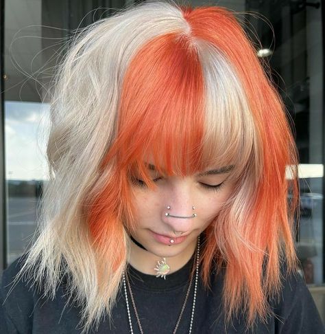 4 Split Dyed Hair, Fall Vivid Hair Color Short Hair, Color Block Hair Short, Block Hair Coloring, Fun Hair Color Ideas For Summer, Bright Hair Colors Short, Split Dyed Hair Short, Blonde Orange Hair, Hair Color Blocking